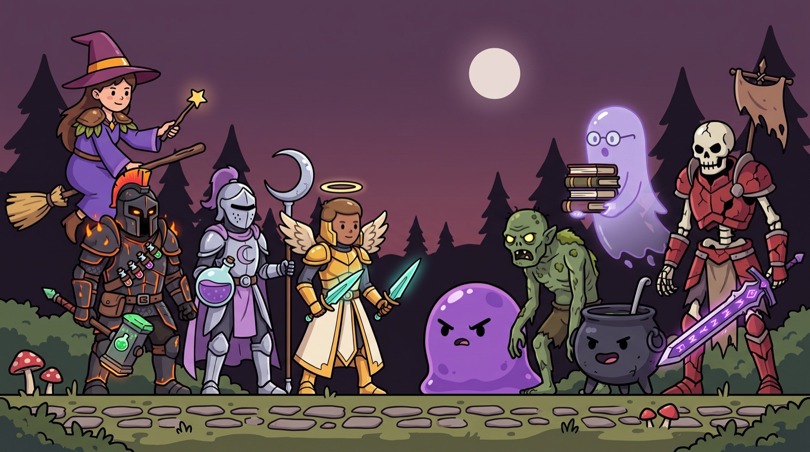 Cauldron Mastery key art: the alchemist flies a broom over a moonlit forest, with knights, a slime, a ghost and a skeleton lined up below