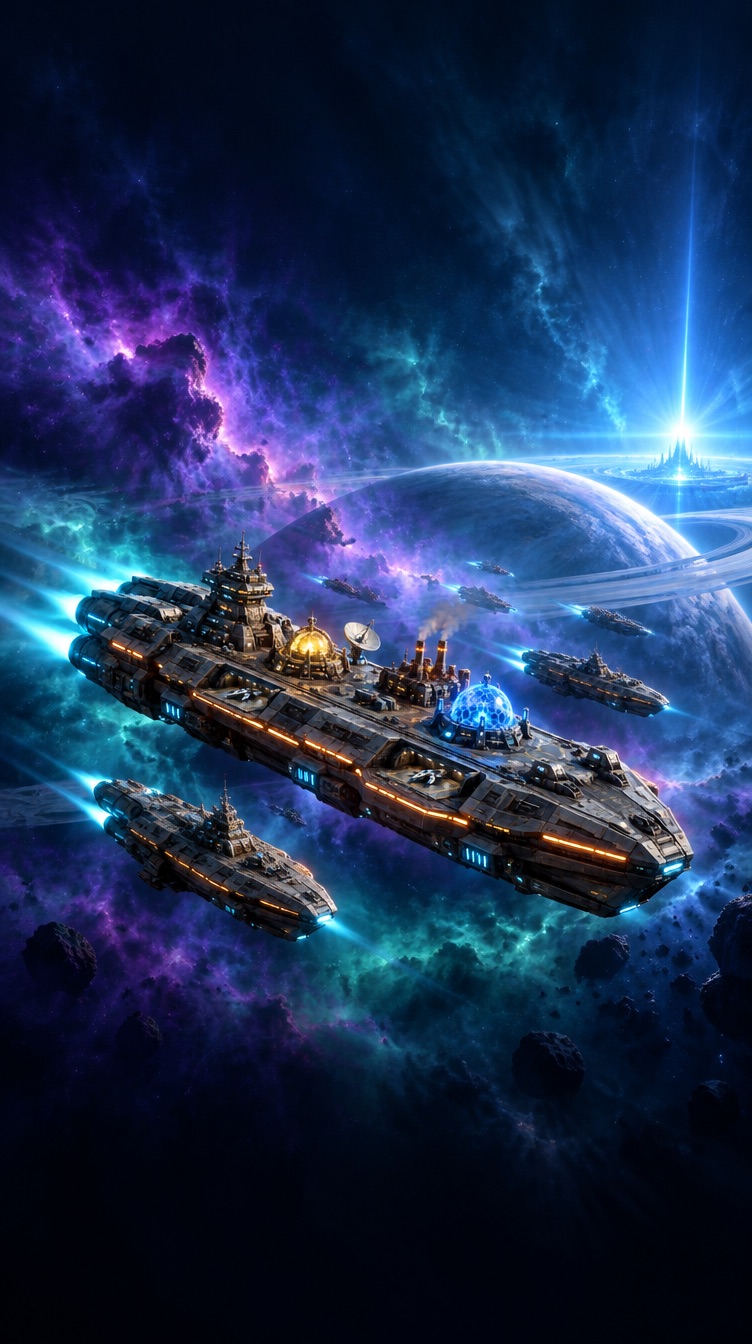 Voidara key art: a capital ship and its escorts fly through a purple and blue nebula